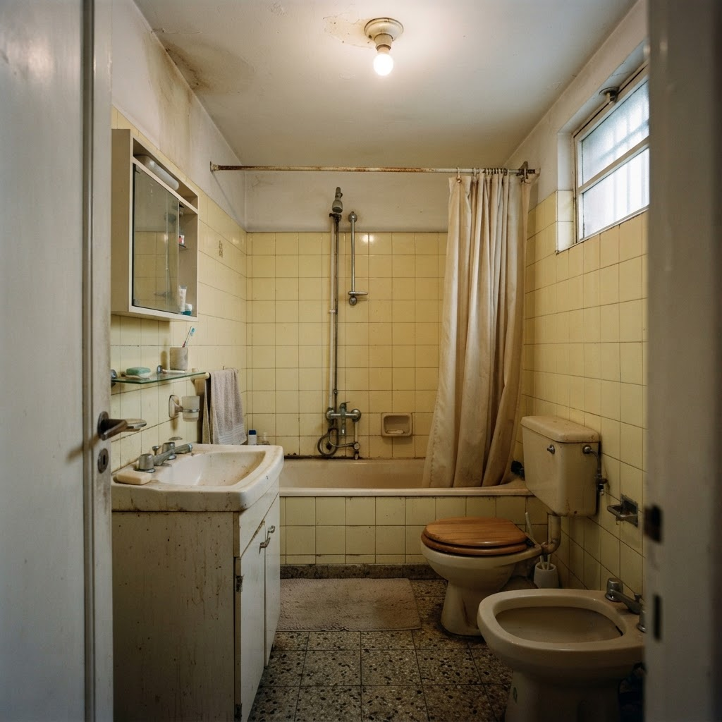 Baño chico de departamento con azulejos viejos y sanitarios desgastados antes de la reforma