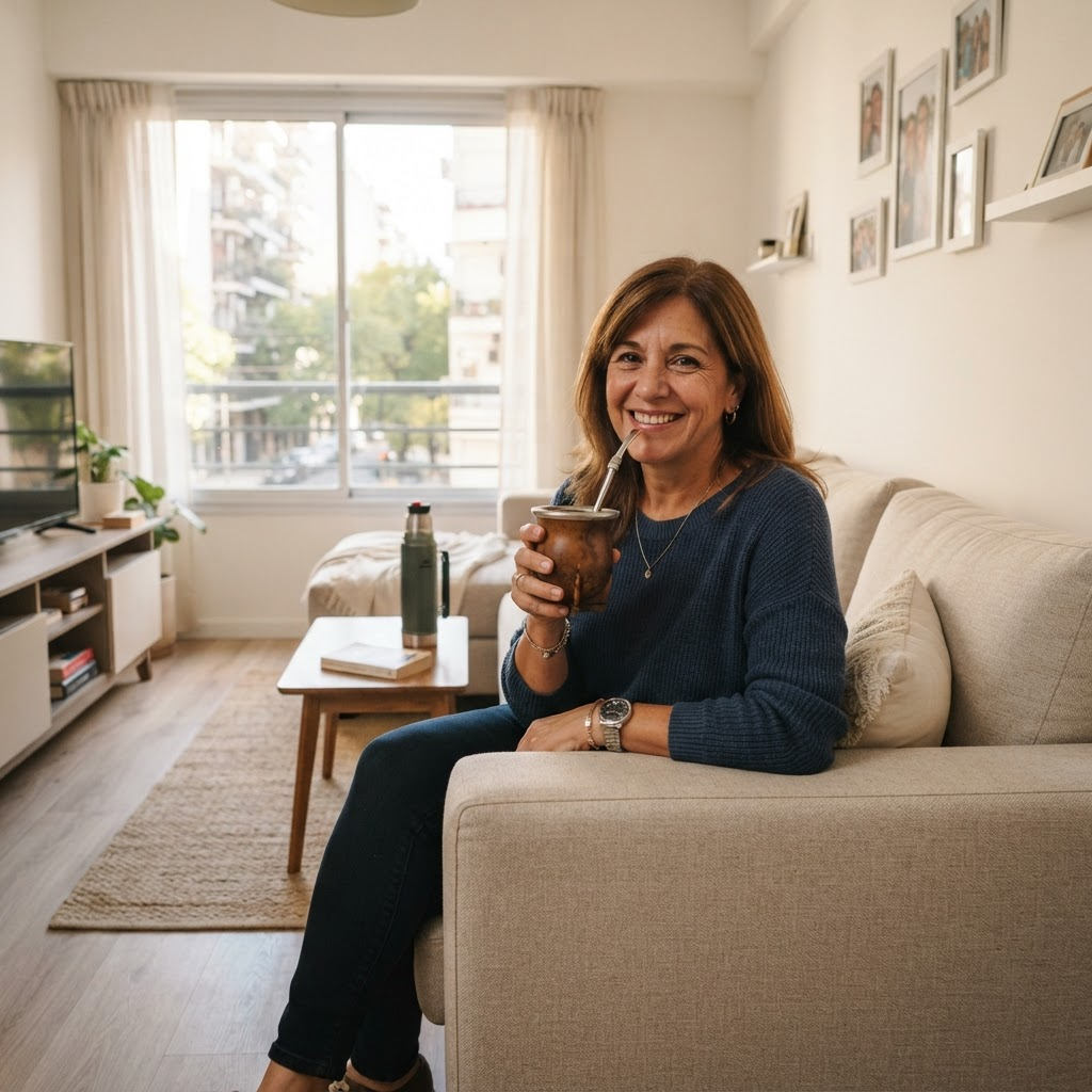 Clienta satisfecha tomando un café en su casa reformada